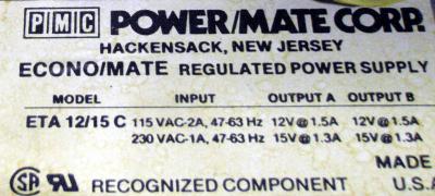 Power/Mate Corp. ETA 12/15 C Power Supply label