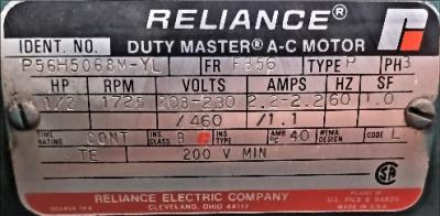 Motor Data Plate View Reliance .5 HP P56H5068M-YL Motor