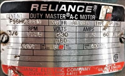 Motor Data Plate View Reliance 3/4 AC Motor