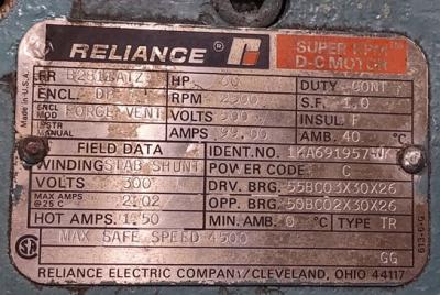 Reliance 60 HP DC drive motor data plate