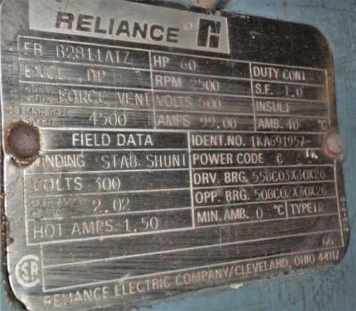 Data Plate View Reliance 60 HP Motor