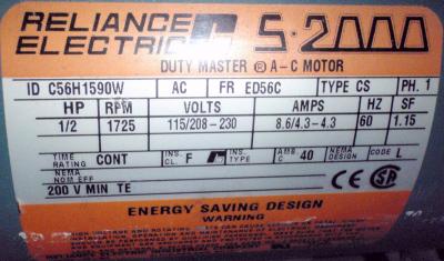 Reliance S-2000 Duty Master C56H1590W 1/2hp Motor label