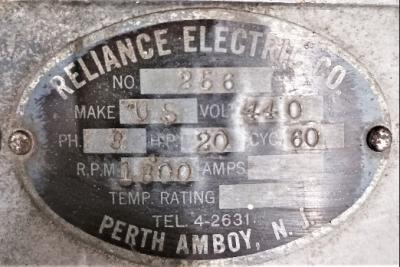 Motor Data Plate View Reliance Electric 20 HP Motor