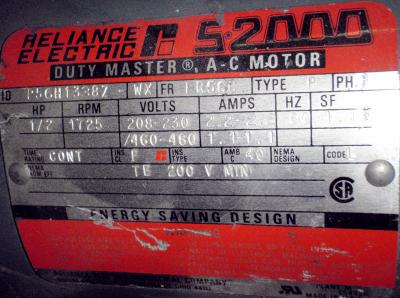 Reliance P56H1338Z-WX S2000 Duty Master 1/2hp Motor label