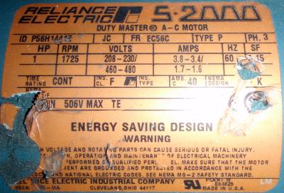 Reliance P56H14412 1hp Motor label