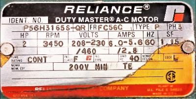 Motor Data Plate View Reliance P56H3165S-QR 2 HP Motor
