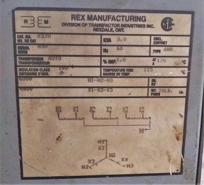 Rex Manufacturing 3.0 KVA Transformer 