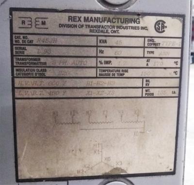Rex Manufacturing 45 KVA Transformer 
