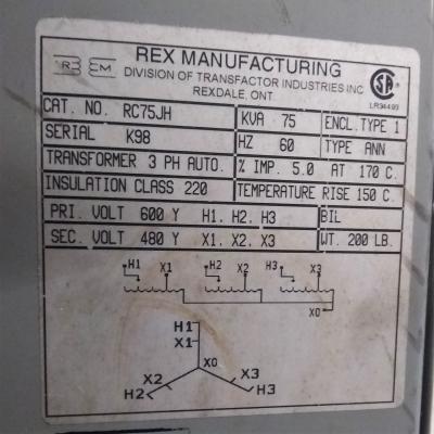 Rex Manufacturing 75 KVA Transformer 
