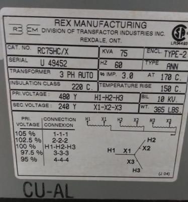 Rex 75 KVA transformer data plate