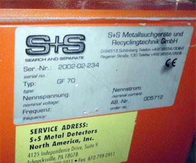 S+S GF 70 Vacuum Metal Separator data plate