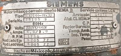 Motor Data Plate View Siemens 1LA2144-4YK32 1 HP Motor