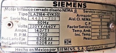 Motor Data Plate View Siemens 1LA2184-4YK30 5 HP Motor