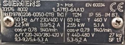 Siemens 1LA7113-6AA10 3 HP Motor data plate