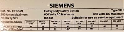 Heavy Duty Safety Switch Data Plate View Siemens HF364N Heavy Duty Safety Switch