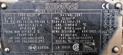 Motor Data Plate View Siemens RGZP 5 HP Motor