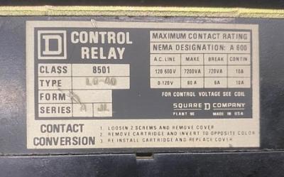 Square D 8501 L0-40 Type L Series A Control Relay