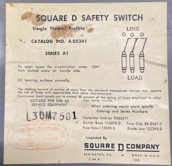 Square D A85341 Series A1 Enclosed Safety Switch
