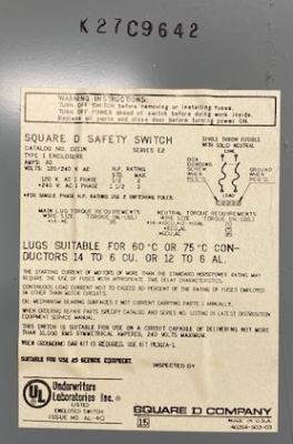 Square D D211N Series E2 Type 1 Enclosure General Duty Safety Switch