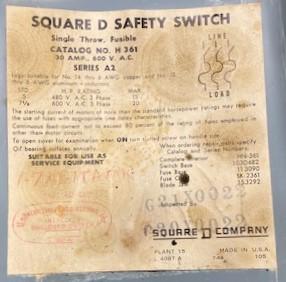 Square D H361 Series A2 Enclosed Fusible Safety Switch
