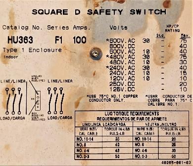 Heavy Duty Safety Switch Data Plate View Square D HU363 Heavy Duty Safety Switch