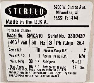 Portable Chiller Data Plate View Sterlco SMCA10 Portable Chiller