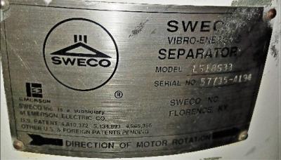 Separator Data Plate View Sweco 2 Deck Vibro-Energy Separator
