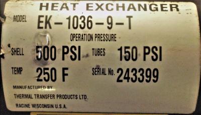 Data Plate View Thermal Transfer Products EK-1036-9-T Heat Exchanger