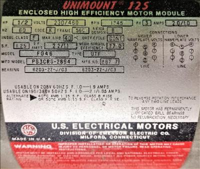 Motor Data Plate View U.S. Electrical 1/2 HP Unimount 125 Motor