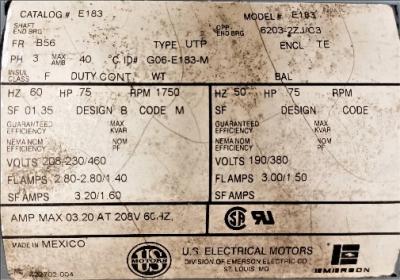 Motor Data Plate View US E183 .75 HP Motor