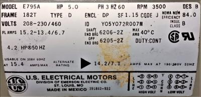 Motor Data Plate View US Electrical 5 HP E795A Motor