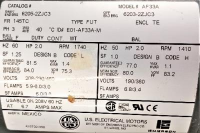Motor Data Plate View US Electrical Motors AF33A 2 HP Motor