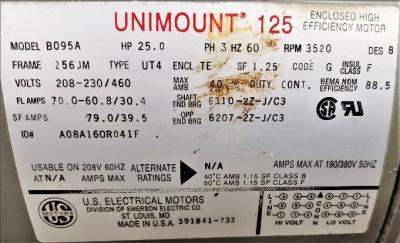 Motor Data Plate View US Electrical Motors B095A 25 HP Unimount 125 Motor