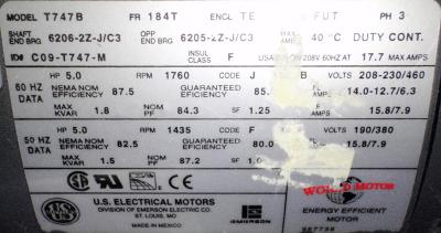 US Electrical T747B 5hp Motor label