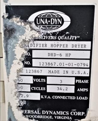 Dryer Data Plate View Una-Dyn DHD-6 HP Dehumidifying hopper dryer