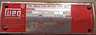 Motor Data Plate View WEG 1/2 HP 3 Phase Induction Motor