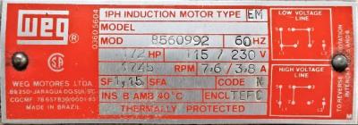 Motor Data Plate View WEG B560992 .5 HP Motor