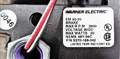 Brake Data Plate View Warner Electric EM-50-20 Brake