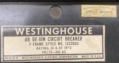 Westinghouse 1222033 AB DE-ION 20 Amp Circuit Breaker 