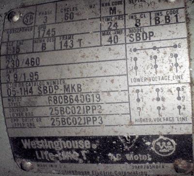 Westinghouse SBDP 1hp Lifeline Motor label