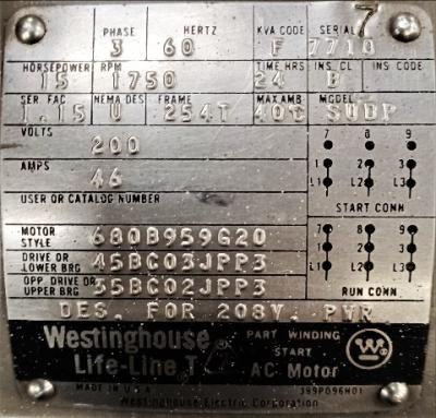 Motor Data Plate View Westinghouse SUDP 15 HP Motor