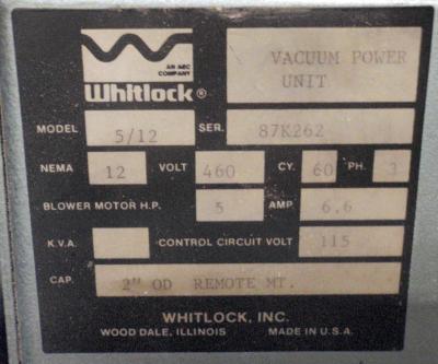 AEC Whitlock 5/12 Vacuum Pump data tag