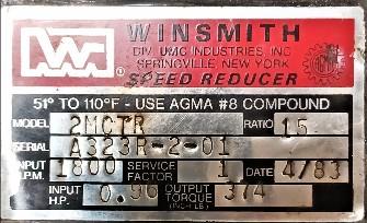 Speed Reducer Data Plate View Winsmith 2MCTR Speed Reducer Gear Box