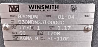 Speed Reducer Data Plate View Winsmith 930MDN Speed Reducer