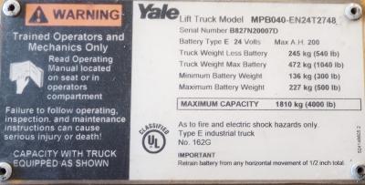 Yale Lift Truck data plate