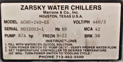 Water Chiller Data Plate View Zarsky ACWC-240-ES Water Chiller